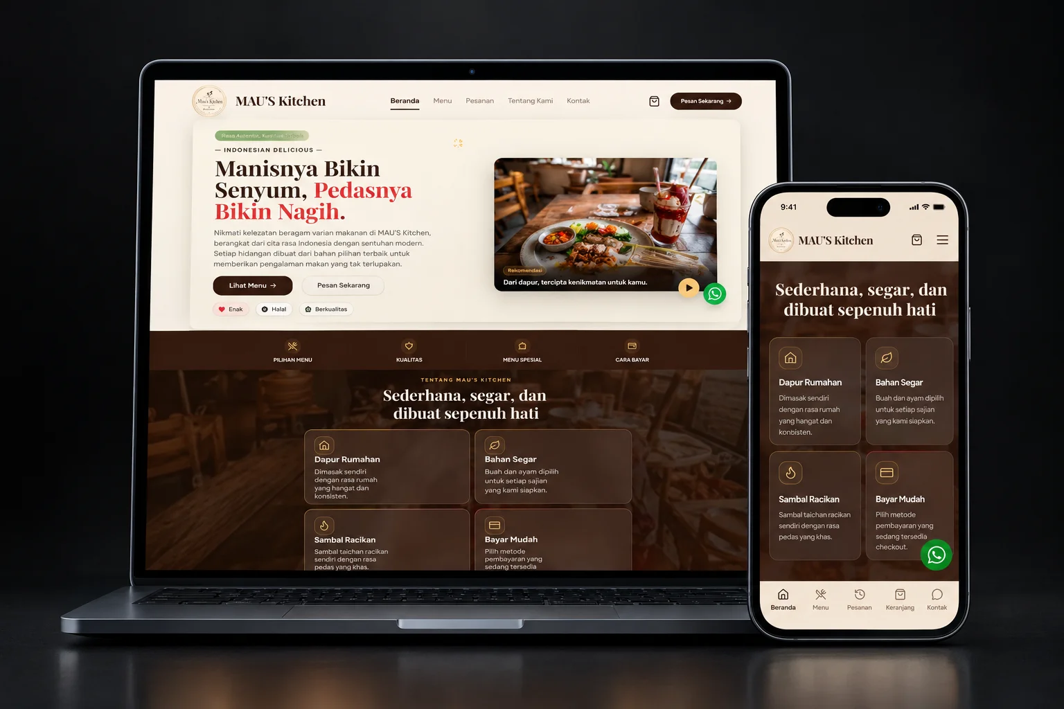 Laptop and phone mockup showing the cream and brown MAU'S Kitchen home page with food photography and kitchen information cards